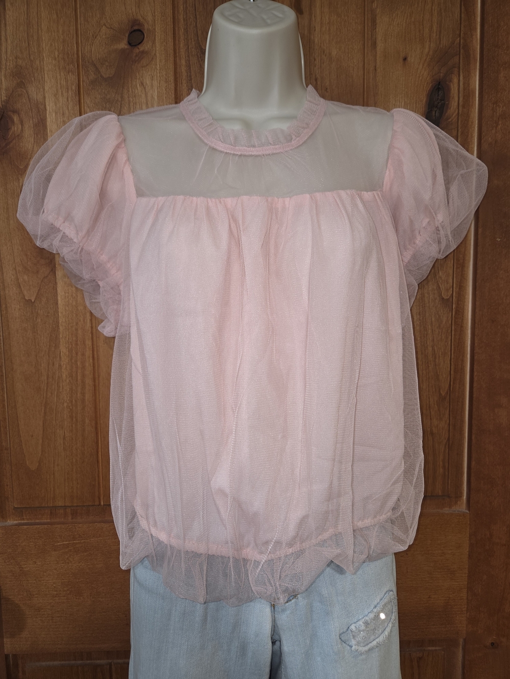 Light Pink Sheer Puff-Sleeve Blouse‎